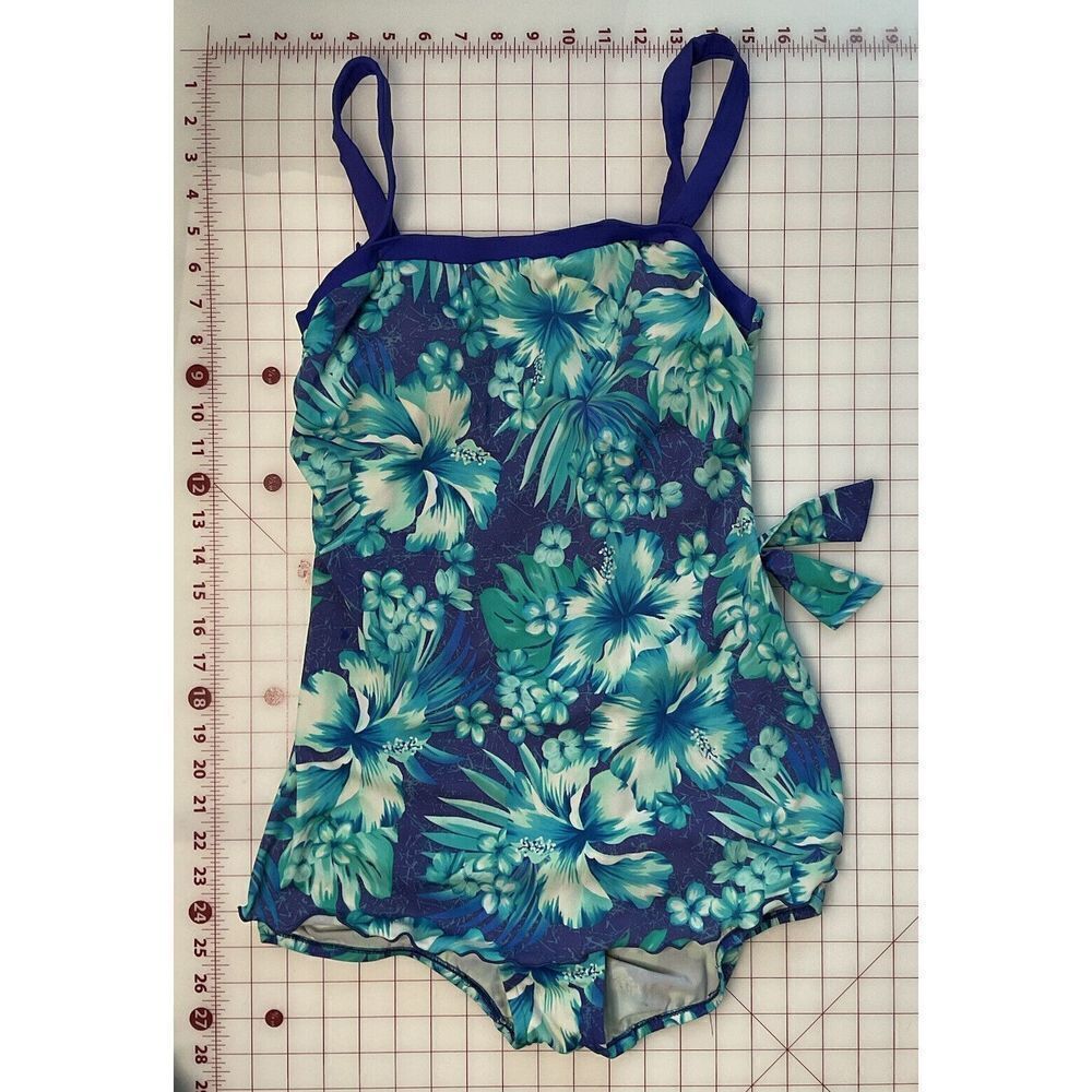 Maxine of Hollywood Bathing Suit Sz 12 Swim Dress Green Blue Floral One Piece